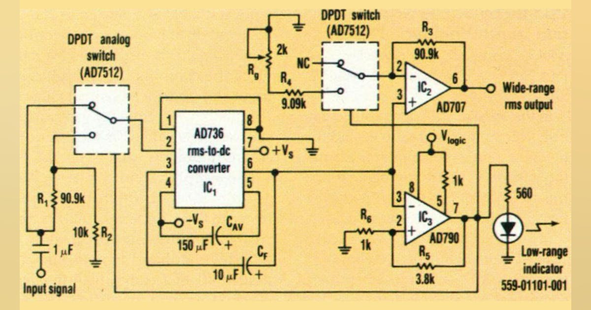 This shows how to extend an RMS-To-DC converter's range | Electronic Design