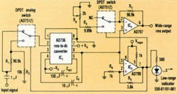 1. The dynamic range of the AC signal measurement can be extended by autoranging the AD736 rms-to-dc converter thorough the comparator. 1. The dynamic range of the AC signal measurement can be extended by autoranging the AD736 rms-to-dc converter thorough the comparator.