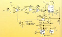 3. Instead of using a comparator-attenuator switching scheme to extend an rms-to-dc converter's range, this update circuit approach employs VGAs. Implemented in cascade, both halves of the AD605 dual VGA (IC1) yield a measurement range of 80dB. 3. Instead of using a comparator-attenuator switching scheme to extend an rms-to-dc converter's range, this update circuit approach employs VGAs. Implemented in cascade, both halves of the AD605 dual VGA (IC1) yield a measurement range of 80dB.