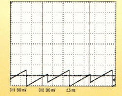 2. The collector waveform (triangular) with an Innovative Model SP922512H fan shows approximately 750 mV of ripple (straight line is the base waveform). Increasing R2 or C2 can reduce this ripple. 2. The collector waveform (triangular) with an Innovative Model SP922512H fan shows approximately 750 mV of ripple (straight line is the base waveform). Increasing R2 or C2 can reduce this ripple.