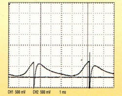 3. The Innovative Model SP922512H fan's current waveform is superimposed over the base waveform of Q1. The base waveform is the straight line. The current transitions below the base of Q1 draw current on its collector, taking the collector low. 3. The Innovative Model SP922512H fan's current waveform is superimposed over the base waveform of Q1. The base waveform is the straight line. The current transitions below the base of Q1 draw current on its collector, taking the collector low.
