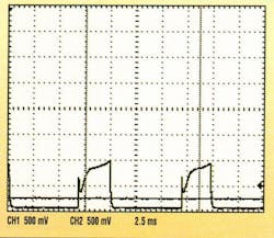 4. The current waveform of the Sup[erred CHA9212CB-TA fan is superimposed over the straight line at the base of Q1. This scope photo demonstrates the circuit's ability to tolerate irregularities and variations in the fan's current waveform. 4. The current waveform of the Sup[erred CHA9212CB-TA fan is superimposed over the straight line at the base of Q1. This scope photo demonstrates the circuit's ability to tolerate irregularities and variations in the fan's current waveform.