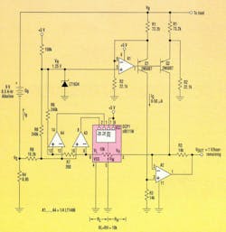2. Translation of estimated battery charge to estimated life expectancy is accomplished by making A2's transimpedance gain variable (inversely proportional to IB) instead of fixed as in Figure 1. 2. Translation of estimated battery charge to estimated life expectancy is accomplished by making A2's transimpedance gain variable (inversely proportional to IB) instead of fixed as in Figure 1.