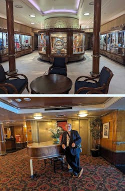 3. Over 50 different varieties of wood were used in the paneling and marquetry that grace the Queen Mary&apos;s great halls, public spaces, companion ways, and cabins. See https://luxurylinerrow.com/ship-beautiful-woods-3/ for details. (Leaning on the piano is the author and self-proclaimed &apos;geek tourist&apos;.)