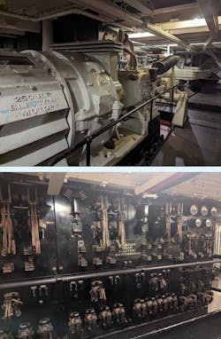 6. The Queen Mary's massive steering gear employed a pair of 250-hp electric motors, each driving a separate hydraulic pump, to accurately position her 110-ton rudder, even in the roughest seas. 6. The Queen Mary's massive steering gear employed a pair of 250-hp electric motors, each driving a separate hydraulic pump, to accurately position her 110-ton rudder, even in the roughest seas.