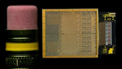 Intel’s Integrated Photonics Solutions (IPS) Group demonstrated a fully integrated optical compute interconnect (OCI) chiplet co-packaged with an Intel CPU at the Optical Fiber Communication Conference (OFC) 2024. The pencil provides size context. Intel’s Integrated Photonics Solutions (IPS) Group demonstrated a fully integrated optical compute interconnect (OCI) chiplet co-packaged with an Intel CPU at the Optical Fiber Communication Conference (OFC) 2024. The pencil provides size context.