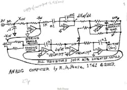 6. Bob Pease&rsquo;s hardwired circuit schematic to compute the simple suspension system.