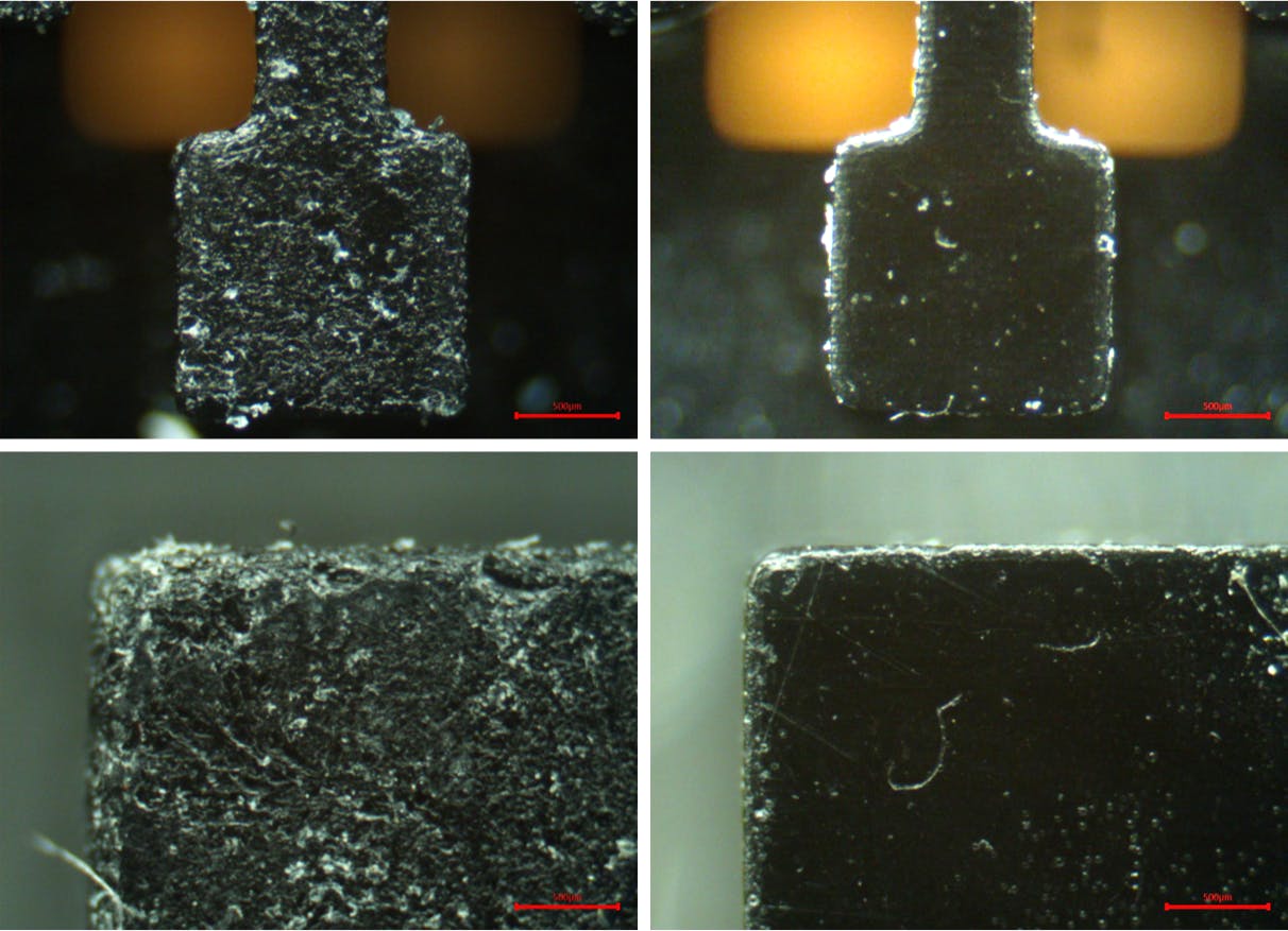 5. Microscopy images of the part surface for the competitor and xESD, as indicated. The competitor part has a highly rough surface finish compared to xESD. Surface roughness plays a crucial role in discrepancies in the static-dissipative readings collected from competitor parts.