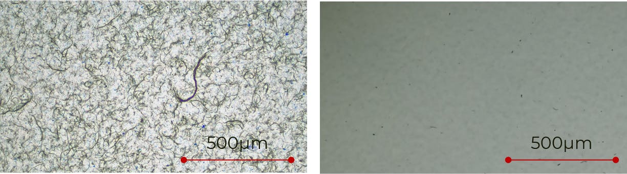 6. Optical microscopy images of the competitor and xESD resins, as indicated. The dispersion quality of the competitor resin is inferior to the quality of xESD, which contributes to discrepancies in the ESD readings.