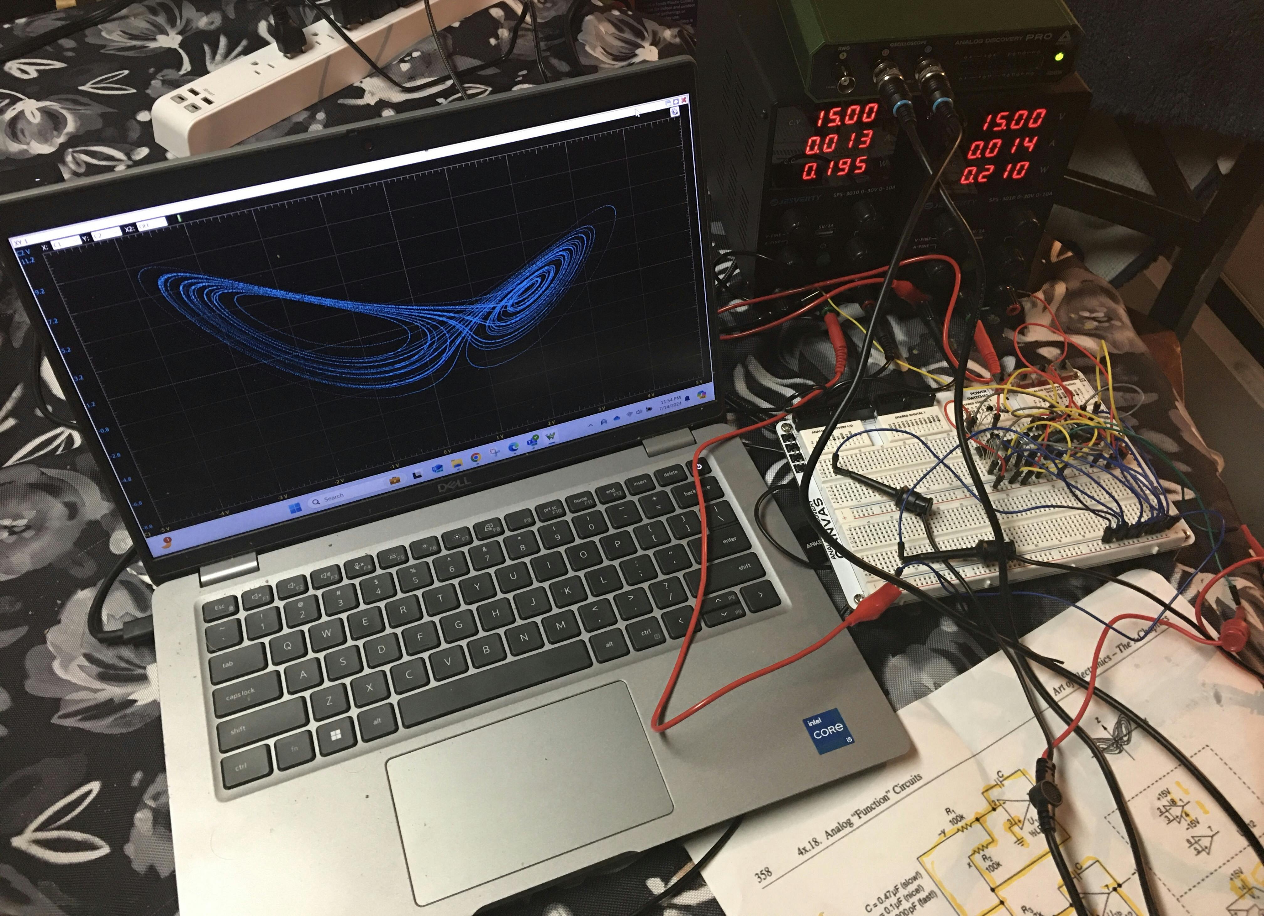 7. The breadboarded implementation of Horowitz & Hill's Lorenz Attractor circuit