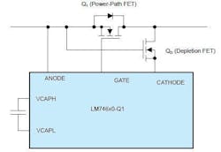 2. An LM74610-Q1 floating-gate ideal-diode controller turns on Q1 and QD when VANODE ≥ VCATHODE. 2. An LM74610-Q1 floating-gate ideal-diode controller turns on Q1 and QD when VANODE ≥ VCATHODE.