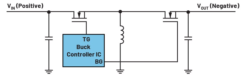 1. Shown is an inverting buck-boost topology for generating a negative voltage with a step-down (buck) switching regulator.