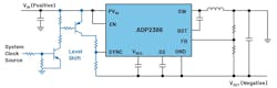 2. An external level shifter supplies the switching-regulator IC with an external clock for synchronization. 2. An external level shifter supplies the switching-regulator IC with an external clock for synchronization.
