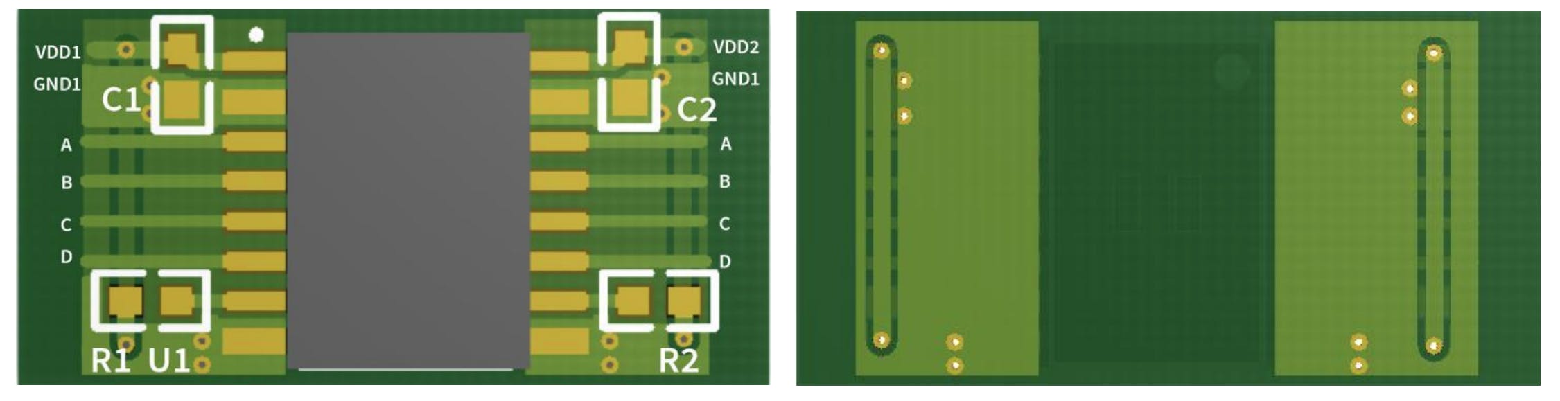 4. Shown is a front and rear view of recommended PCB layout.