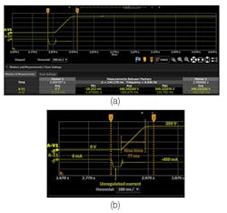 3. Screen capture from software used to measure rise time (a) and the full user interface screen (b) zoom in on the waveforms with annotations to see the rise time. 3. Screen capture from software used to measure rise time (a) and the full user interface screen (b) zoom in on the waveforms with annotations to see the rise time.