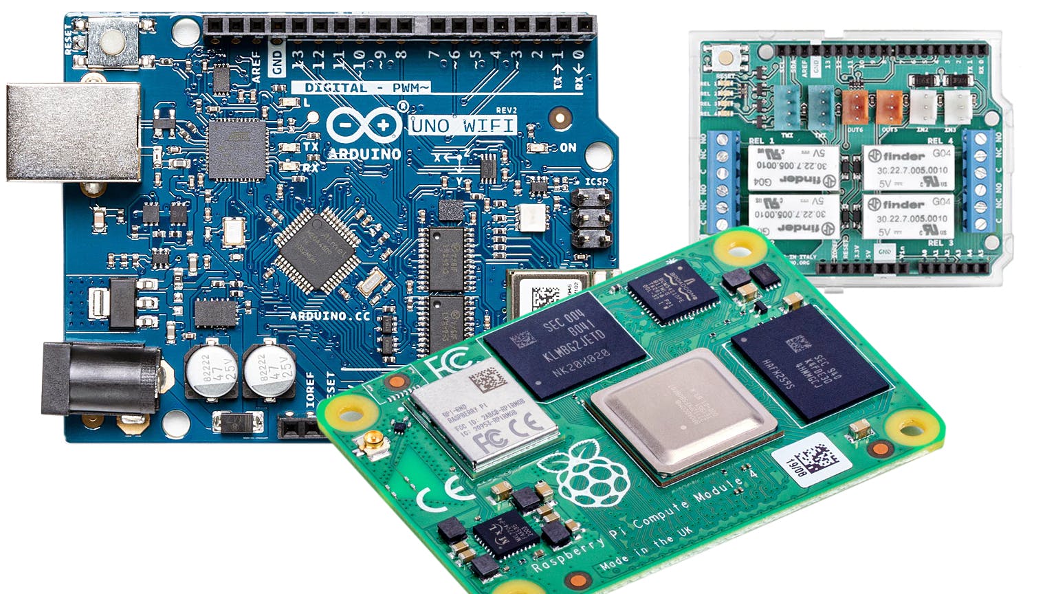 Prototyping platforms like the Arduino (left) and an expansion cape (right), or the Raspberry Pi Compute Module (bottom), enable developers to build on a solid hardware foundation with plenty of software support.