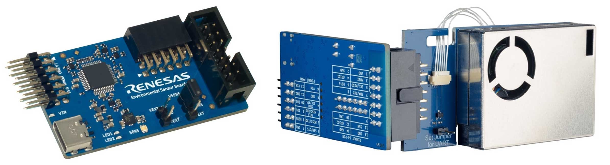 3. Shown are the basic RRH62000 Evaluation Board (left) and the evaluation board plus RRH62000 integrated sensor module (right) with daughterboard (rear view).
