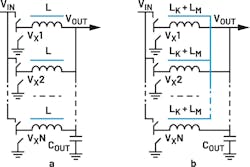 1. Multiphase buck converter with discrete inductors (a) and coupled inductors (b). 1. Multiphase buck converter with discrete inductors (a) and coupled inductors (b).
