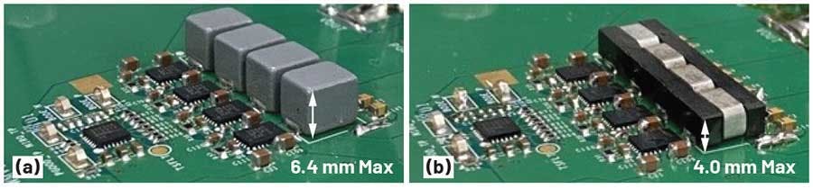 5. Here&rsquo;s the voltage-regulator four-phase building block with an inductor footprint that accepts DL = 100 nH (h = 6.4 mm max) (a) and NCL0804-4 (h = 4.0 mm max) (b).