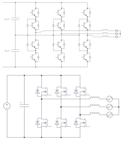 On the top is a three-level neutral point clamped (NPC) inverter based on 1,200-V IGBTs. On the bottom is a simpler two-level inverter using Wolfspeed’s 2,300-V SiC modules. On the top is a three-level neutral point clamped (NPC) inverter based on 1,200-V IGBTs. On the bottom is a simpler two-level inverter using Wolfspeed’s 2,300-V SiC modules.