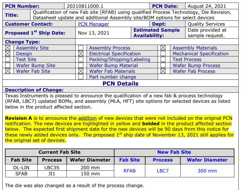 2. PCN (process change notice) identifying a recent process and fab location for a TI chip.