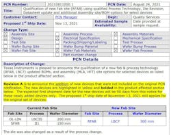2. PCN (process change notice) identifying a recent process and fab location for a TI chip. 2. PCN (process change notice) identifying a recent process and fab location for a TI chip.