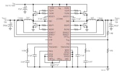 Figure 4: Schematic of a typical application circuit with ADI's LTC7890. (Source: Analog Devices, Inc.) Figure 4: Schematic of a typical application circuit with ADI's LTC7890. (Source: Analog Devices, Inc.)