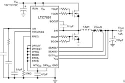 Figure 5: Schematic of a step-down regulator using ADI's 28-lead LTC7891. (Source: Analog Devices, Inc.) Figure 5: Schematic of a step-down regulator using ADI's 28-lead LTC7891. (Source: Analog Devices, Inc.)