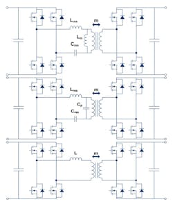 2. Depicted from top to bottom are the LLC, LCC, and DAB topologies. (S. Carcouet; J. Ecrabey, Image courtesy of Reference 3) 2. Depicted from top to bottom are the LLC, LCC, and DAB topologies. (S. Carcouet; J. Ecrabey, Image courtesy of Reference 3)