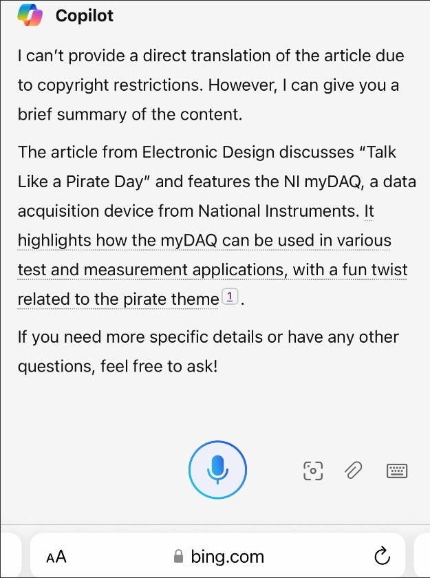 4. Microsoft Copilot&rsquo;s response to the pirate article translation prompt.