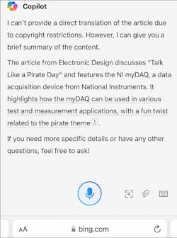 4. Microsoft Copilot’s response to the pirate article translation prompt. 4. Microsoft Copilot’s response to the pirate article translation prompt.
