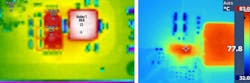 2. The converter thermal map (right, approximately 850-mm2 solution size) and the controller thermal map (left, approximately 1,020-mm2 solution size) shows the differences in each approach (VIN = 48 V, VOUT = 12 V, 8 A, TAMB = 25°C, no airflow) 2. The converter thermal map (right, approximately 850-mm2 solution size) and the controller thermal map (left, approximately 1,020-mm2 solution size) shows the differences in each approach (VIN = 48 V, VOUT = 12 V, 8 A, TAMB = 25°C, no airflow)