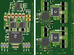 3. This is an example layout of a 12-A controller (left, approximately 1,020-mm2 solution size) versus a converter solution (right, approximately 850-mm2 solution size) with similar specifications (images not to scale). 3. This is an example layout of a 12-A controller (left, approximately 1,020-mm2 solution size) versus a converter solution (right, approximately 850-mm2 solution size) with similar specifications (images not to scale).