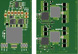4. This is an example layout of a 16 A controller (left, approximately 1,240-mm2 solution size) versus a converter solution (right, approximately 900-mm2 solution size) with similar specifications (images not to scale). 4. This is an example layout of a 16 A controller (left, approximately 1,240-mm2 solution size) versus a converter solution (right, approximately 900-mm2 solution size) with similar specifications (images not to scale).