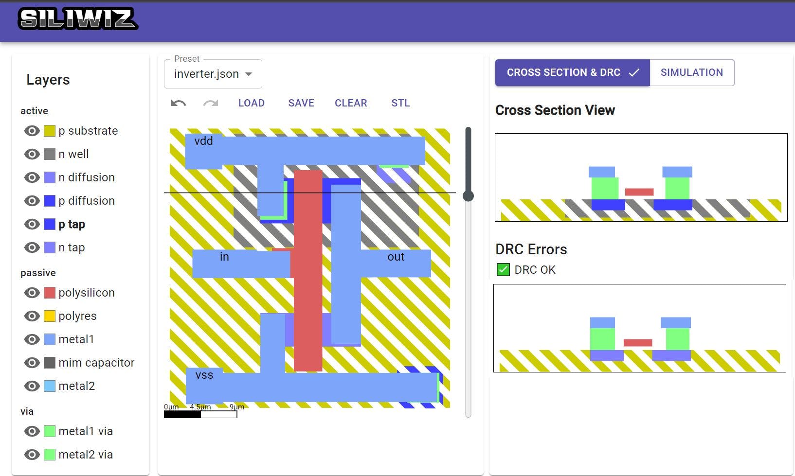 1. A CMOS inverter layout example from SiliWiz, showing PMOS (upper) and NMOS (lower) transistor cross sections.