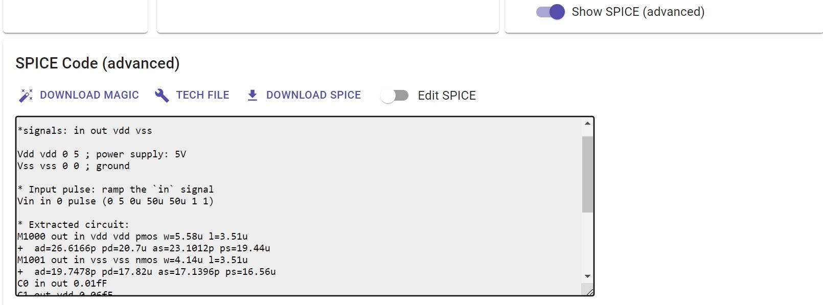 4. A CMOS inverter&rsquo;s SPICE Code extracted by SiliWiz, which also shows the Tech File and SPICE download buttons.