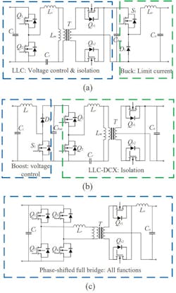 1. Shown are typical LLC plus buck (a), typical Boost + LLC-DCX (b), and typical phase-shifted full-bridge schemes. 1. Shown are typical LLC plus buck (a), typical Boost + LLC-DCX (b), and typical phase-shifted full-bridge schemes.
