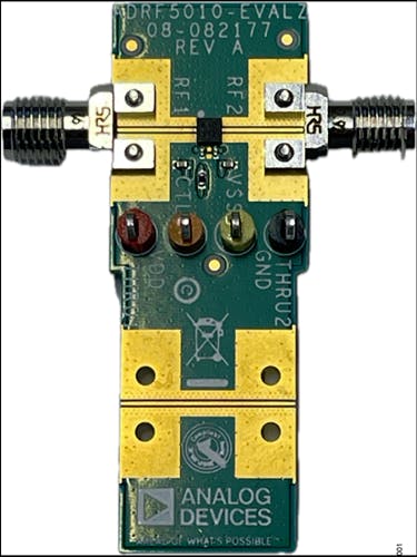 3. The EVAL-ADRF5010 Evaluation Board for the ADRF5010 is simple with respect to the BOM, yet also embodies the critical layout aspects for a 50-GHz part.