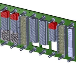 2. Higher speeds and performance density are a constant drive in the development of new standards. The backplane model shown illustrates a backplane with 2x slots utilizing the 56-Gb/s VITA 91 connector for higher speed/density in the 3U OpenVPX system. 2. Higher speeds and performance density are a constant drive in the development of new standards. The backplane model shown illustrates a backplane with 2x slots utilizing the 56-Gb/s VITA 91 connector for higher speed/density in the 3U OpenVPX system.