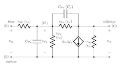 2. The hybrid-π equivalent circuit is a linear model that’s useful for describing the frequency-dependent behavior of a BJT under small-signal conditions. (Copyright © 2024 Stephen A. Dyer. All rights reserved.) 2. The hybrid-π equivalent circuit is a linear model that’s useful for describing the frequency-dependent behavior of a BJT under small-signal conditions. (Copyright © 2024 Stephen A. Dyer. All rights reserved.)