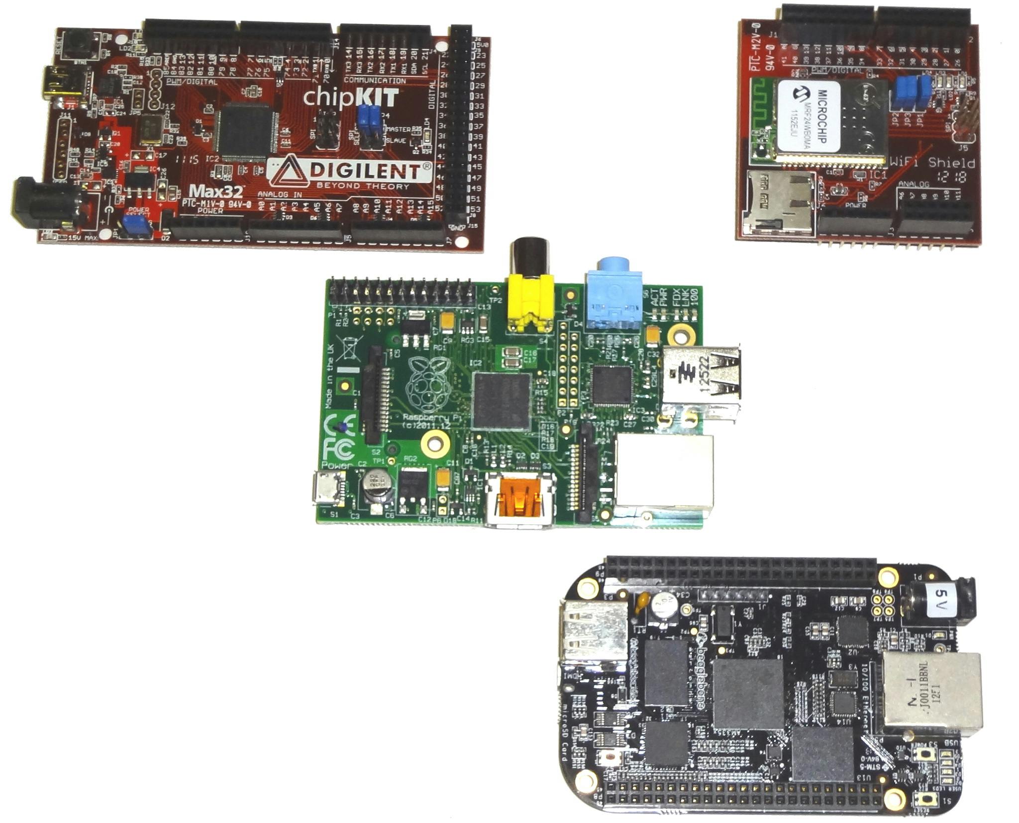 Figure 1. Digilent&rsquo;s chipKit uses Microchip&rsquo;s 32-bit MIPS platform in an Arduino form factor (top left). .The Raspberry Pi (middle) and BeagleBone (bottom right) are other platforms with a large ecosystem.