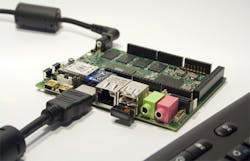 Figure 6. The UDOO Kickstarter project supports the Arduino expansion boards but uses a multicore Freescale i.MX6 processor plus a SAM3X processor for an interesting multichip combination. Figure 6. The UDOO Kickstarter project supports the Arduino expansion boards but uses a multicore Freescale i.MX6 processor plus a SAM3X processor for an interesting multichip combination.