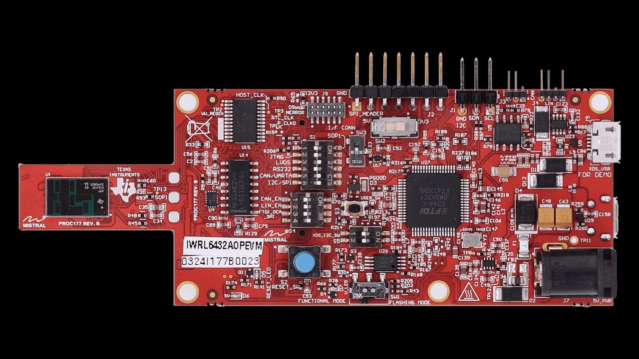 2. The IWRL6432AOPEVM evaluation module, with the IWRL6432AOP mounted on the left, can help you get started on 60-GHz radar-sensor designs.