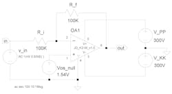 LTspice schematic of the K2-W op amp in a basic inverting configuration LTspice schematic of the K2-W op amp in a basic inverting configuration