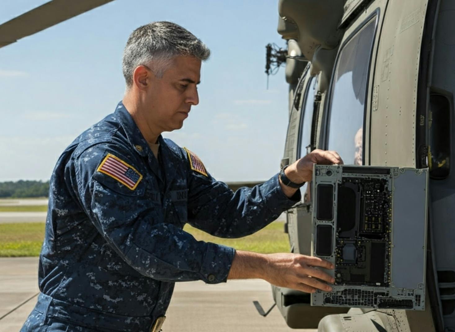 Installing an electronic component into a military helicopter