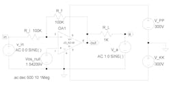 3. The setup in the schematic is used to measure the K2-W’s output impedance Zout vs. frequency when in a G = ‒1 inverting-amplifier configuration 3. The setup in the schematic is used to measure the K2-W’s output impedance Zout vs. frequency when in a G = ‒1 inverting-amplifier configuration