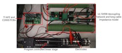 Linear stage, electrodes, UL 1699B decoupling network, TI analog front end (AFE), and C2000 PCB round out the test setup Linear stage, electrodes, UL 1699B decoupling network, TI analog front end (AFE), and C2000 PCB round out the test setup