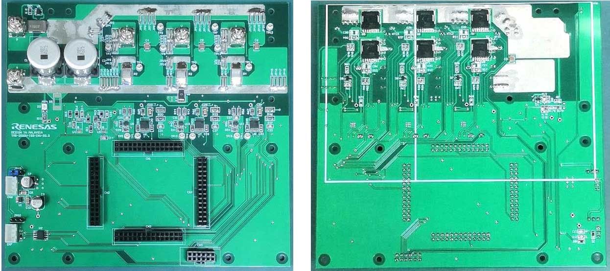 op (left) and bottom (right) views of the TOLL 48V Power Line Evaluation Kit Power Board