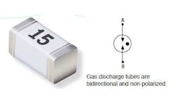 4. The Bourns Model GDT21 Series of new ultra-compact GDTs looks like an ordinary 1206-size passive (left). The schematic-diagram symbol for the GDT shows its two-terminal, non-polarized simplicity; the dot indicates the sealed unit is filled with a gas (right). 4. The Bourns Model GDT21 Series of new ultra-compact GDTs looks like an ordinary 1206-size passive (left). The schematic-diagram symbol for the GDT shows its two-terminal, non-polarized simplicity; the dot indicates the sealed unit is filled with a gas (right).