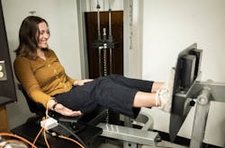 Using the cuff-free blood-pressure monitor while doing leg presses Using the cuff-free blood-pressure monitor while doing leg presses